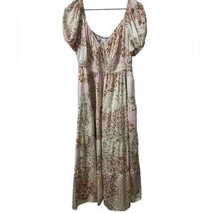 ARULA cream and pink floral babydoll empire waist puff sleeve maxi dress